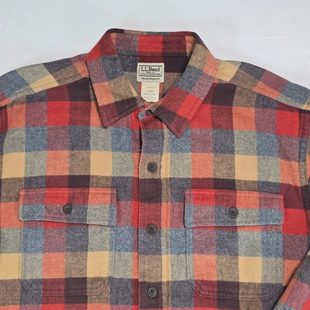 LL‎ Bean Mens Traditional Fit Flannel Shirt Plaid Red Orange Large L-REG 277981
